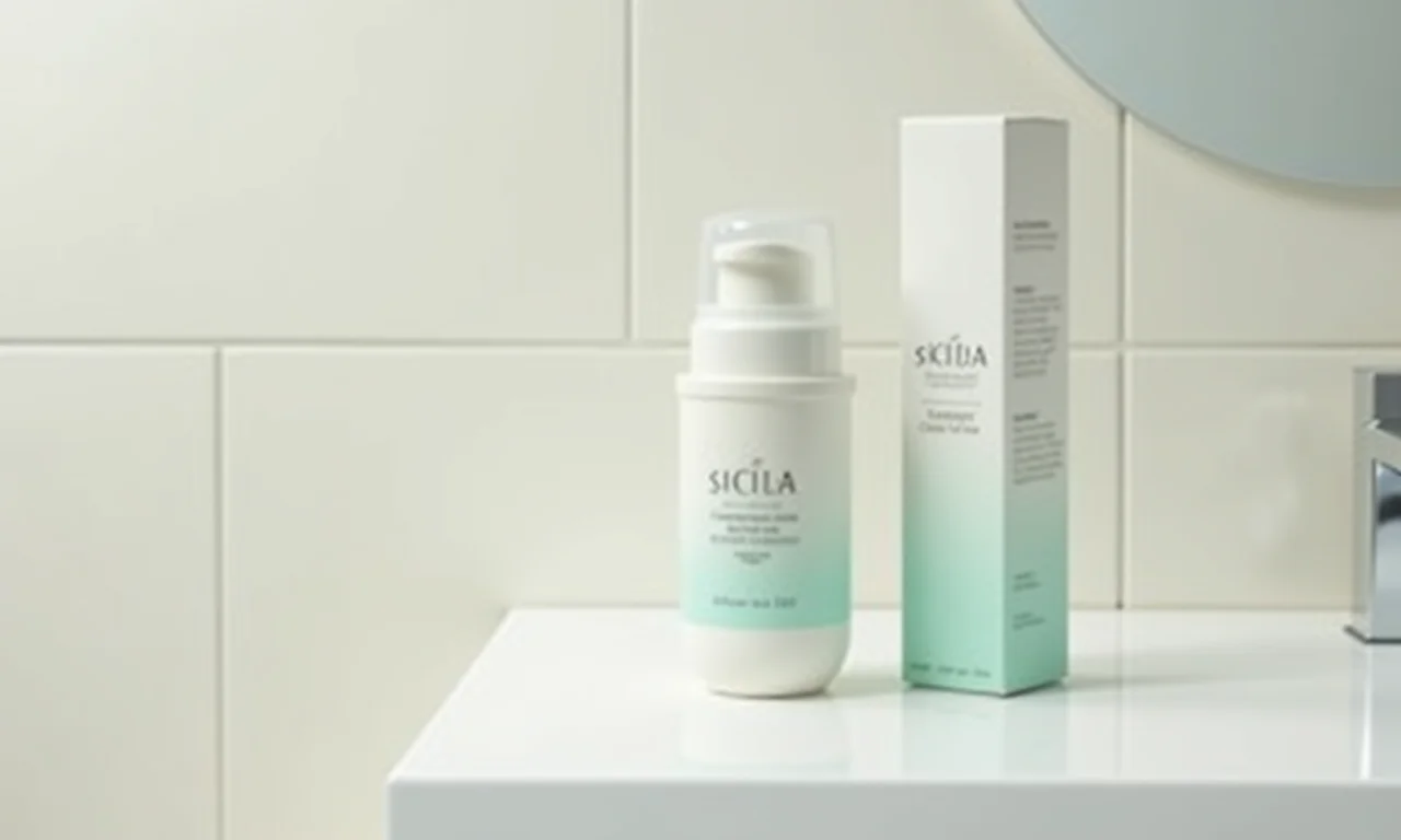 Frasco do Gel de Limpeza Facial Acne Control da Creamy em uma bancada de banheiro minimalista.