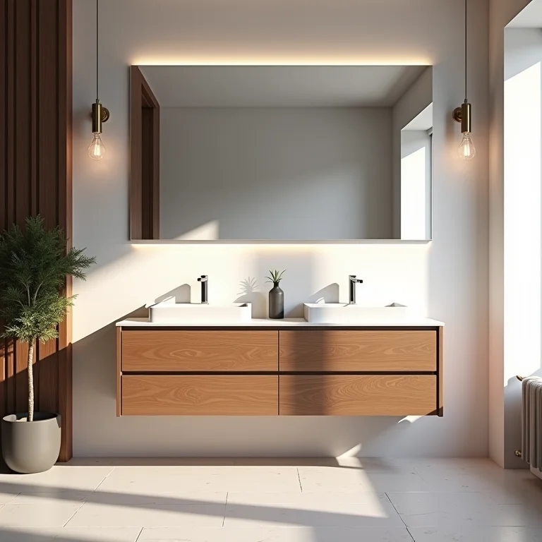 Gabinete de banheiro com armários de madeira modernos.