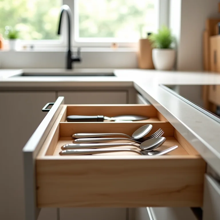 Gaveta de cozinha organizada com utensílios.