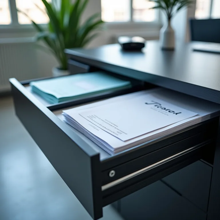 Gaveta de escritório organizada com documentos e materiais de escritório.