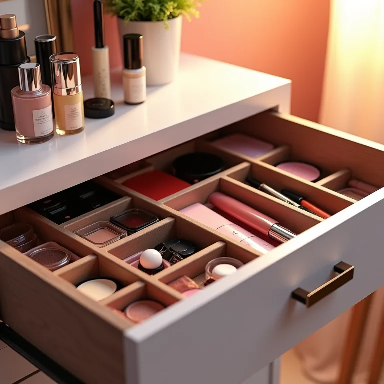 Gaveta de maquiagem organizada com diferentes produtos.