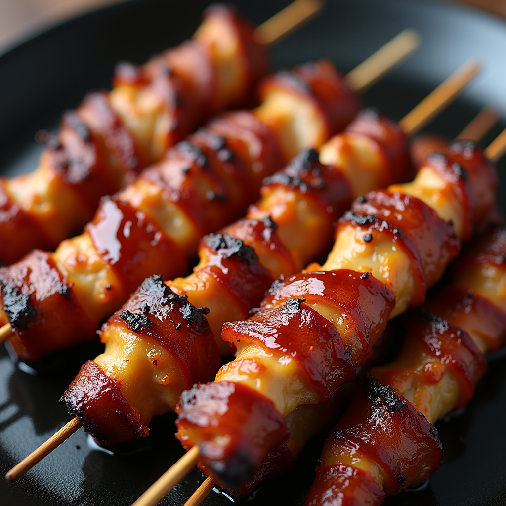 Grilled chicken skewers wrapped in bacon, glazed with barbecue sauce. Brazilian style BBQ, 8K Espetinho de frango com bacon e molho barbecue.