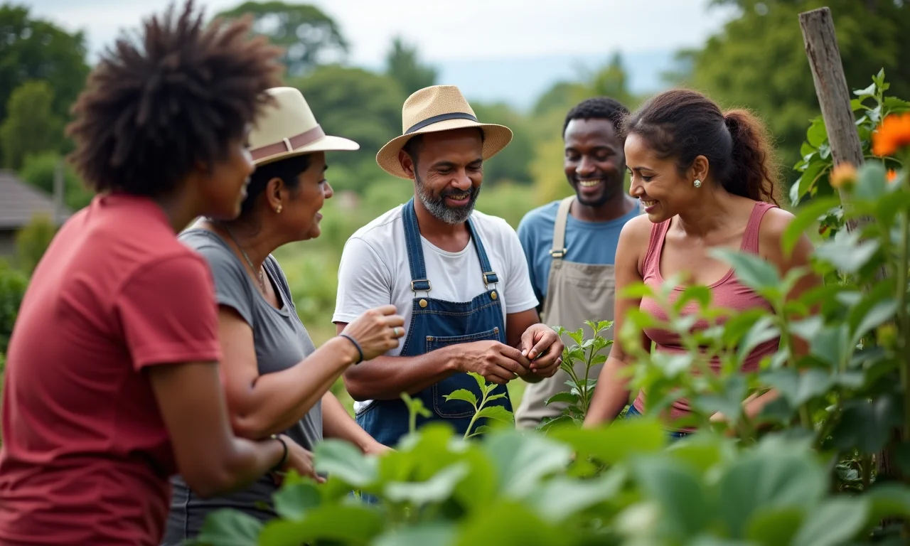 Grupo de pessoas aprendendo sobre os benefícios da poda regular em jardim comunitário.