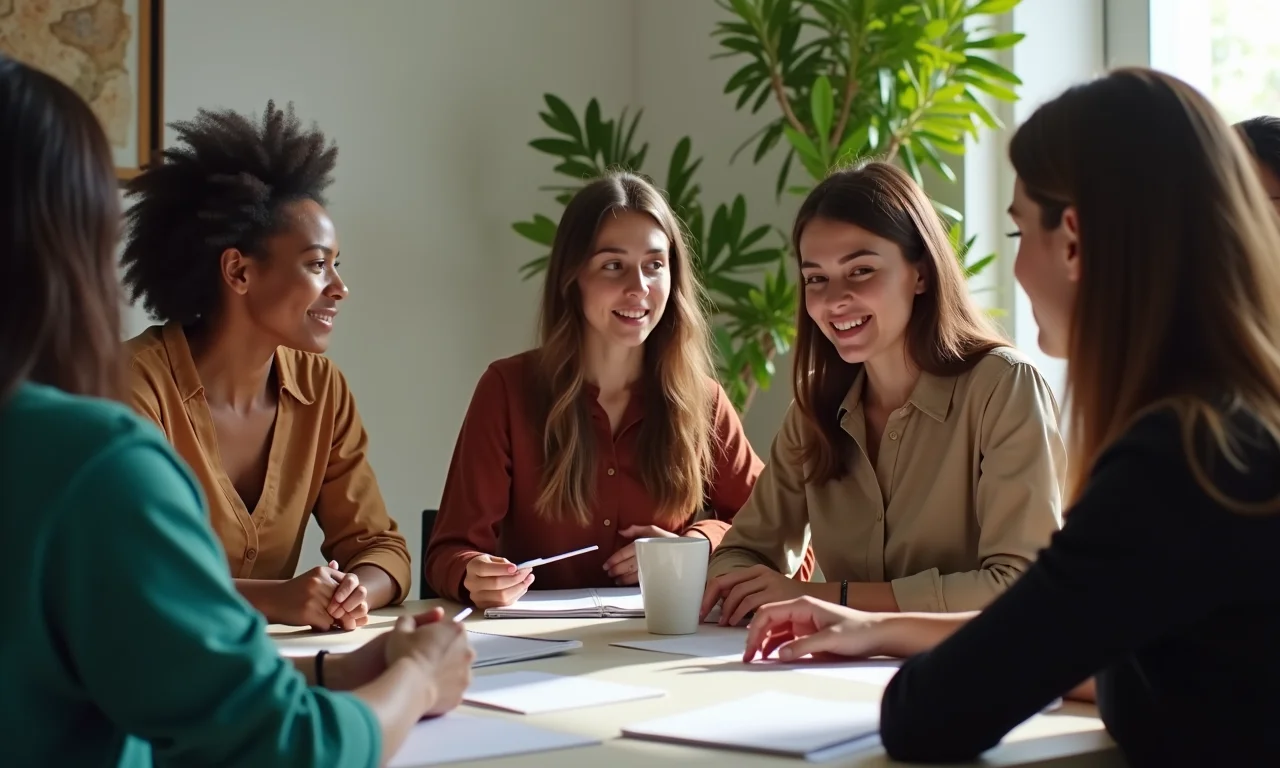 Grupo diverso analisando público-alvo para revitalização de centro cultural.