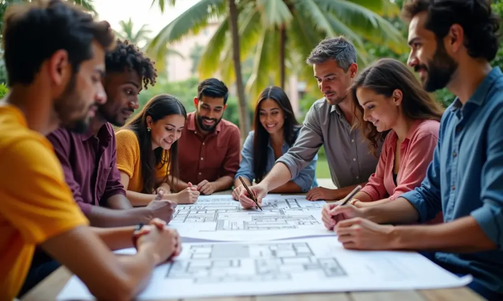 Grupo diverso colaborando em projeto de revitalização de centro cultural vibrante.