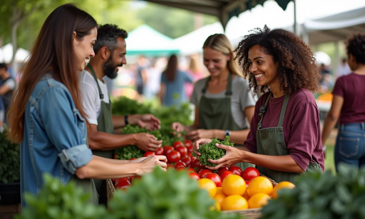 Grupo diverso comprando produtos de agricultores locais em feira orgânica.