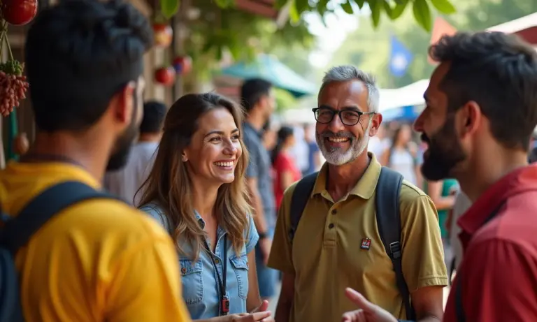 Grupo diverso de brasileiros conversando em um mercado, exibindo sotaques regionais.