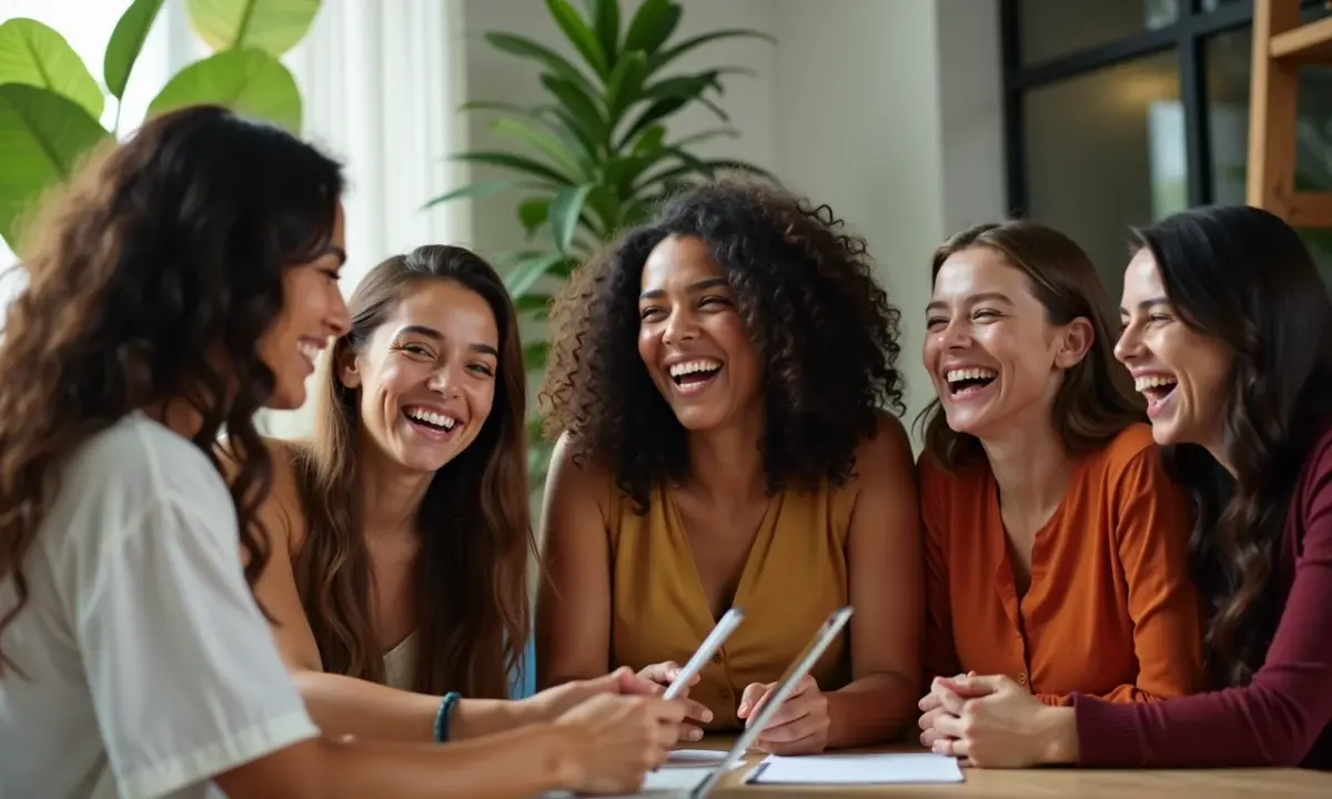 Grupo diverso de mulheres brasileiras sorrindo em espaço de coworking, superando a síndrome do impostor.