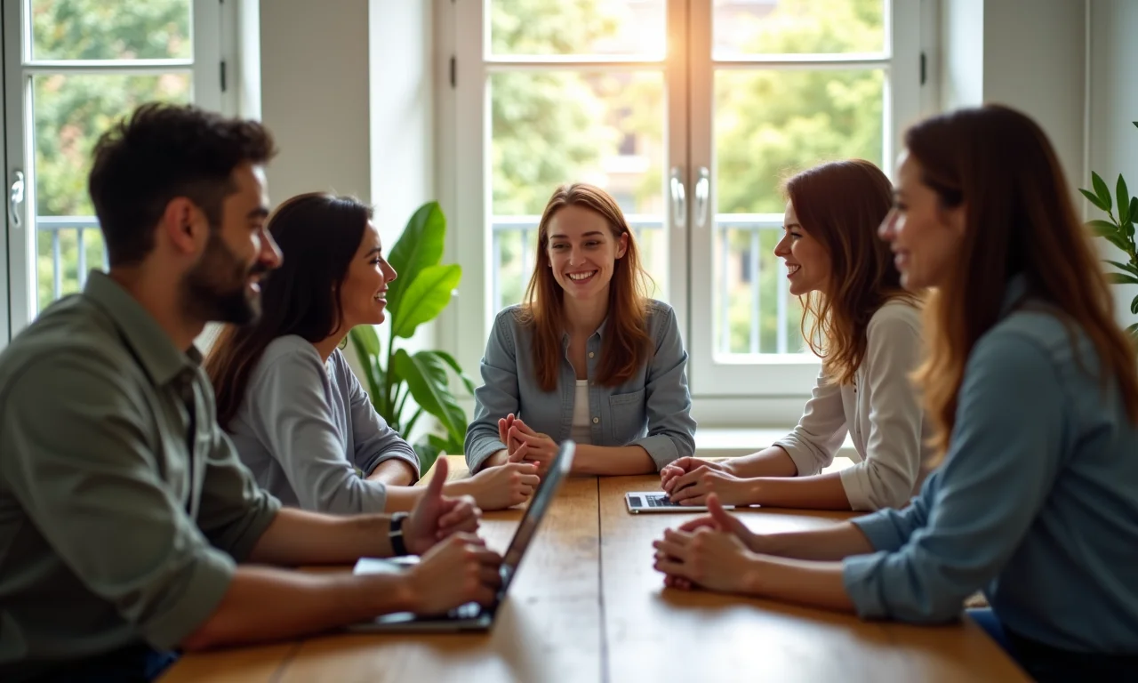 Grupo diverso em escritório estilo Farm Rio, comunicando-se abertamente.