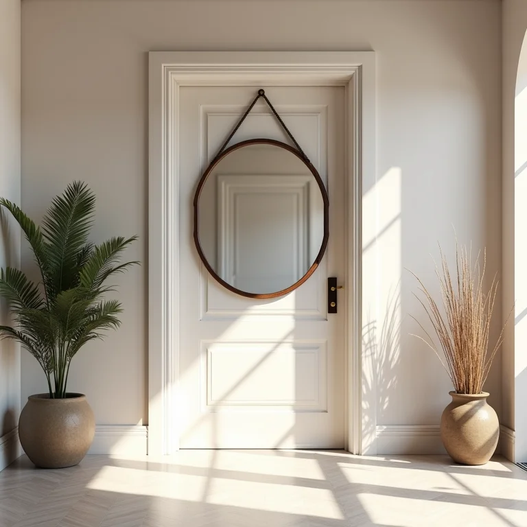 Hall de entrada com espelho redondo e decoração minimalista