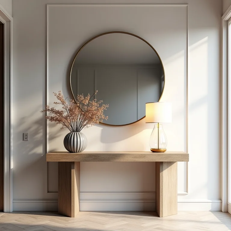 Hall de entrada elegante com espelho redondo e console com flores.