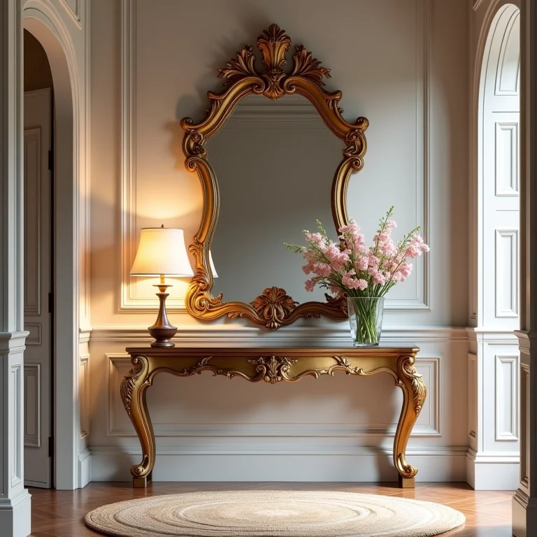 Hall de entrada sofisticado com espelho veneziano e arranjo floral