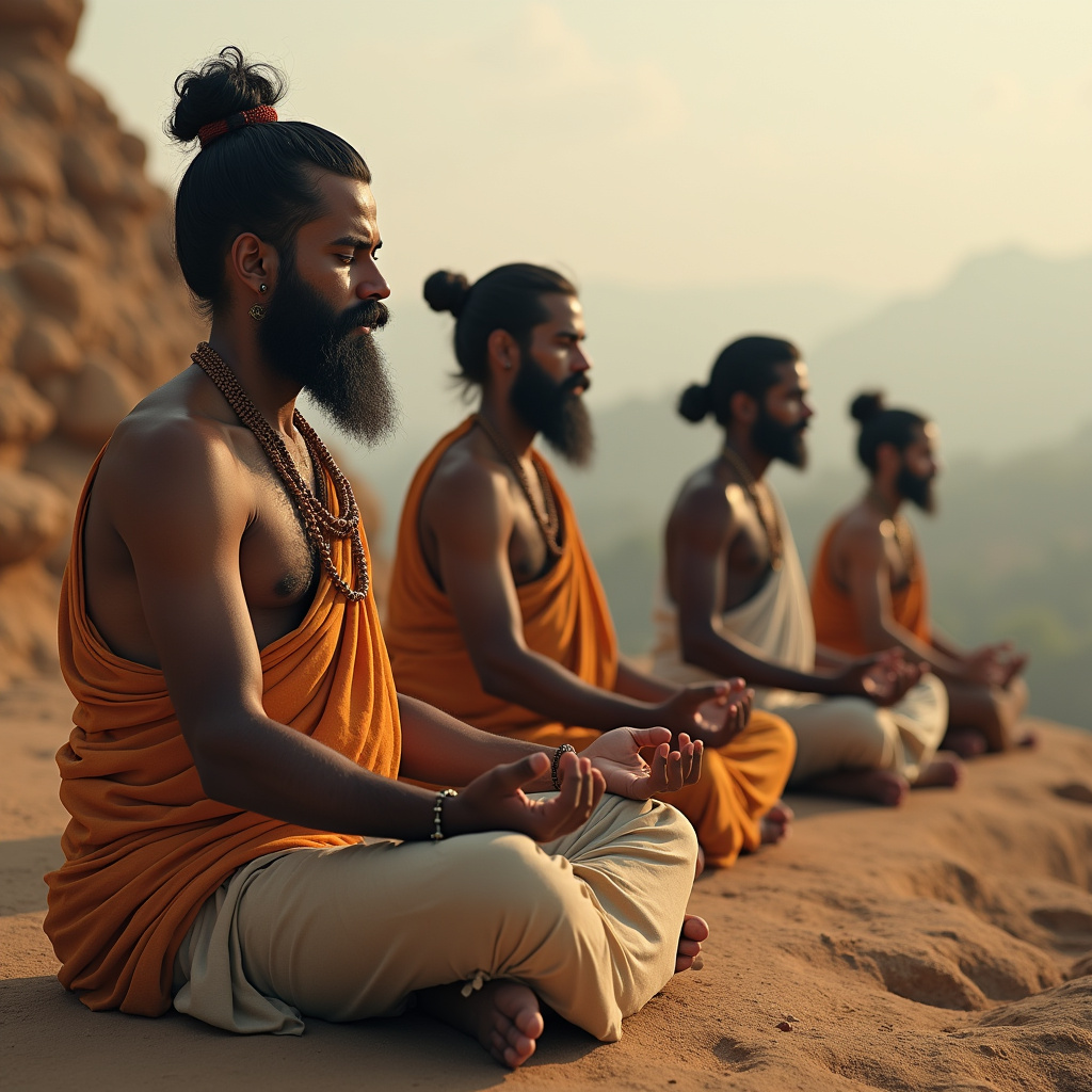 Historical depiction of yogis meditating in ancient India, serene landscape, traditional clothing, Yogues meditando na Índia antiga, paisagem serena.