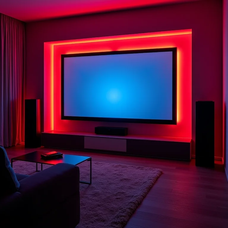 Home theater com fita de LED atrás da TV para uma experiência imersiva