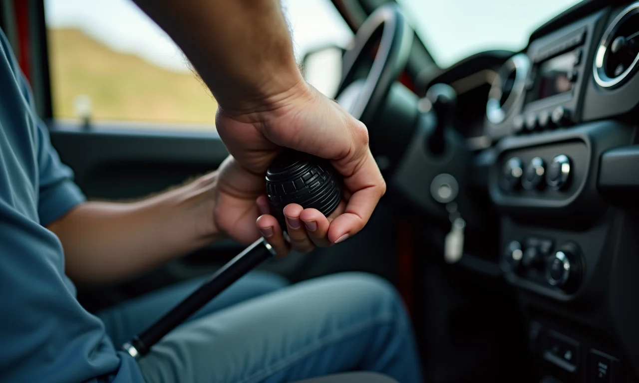 Homem ajustando a alavanca de bloqueio de diferencial manual em veículo off-road.