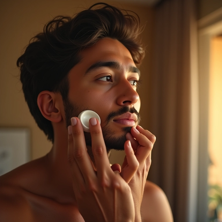Homem aplicando hidratante no rosto, rotina de hidratação masculina.