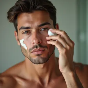 Homem brasileiro aplicando hidratante no rosto, rotina de skincare masculina.