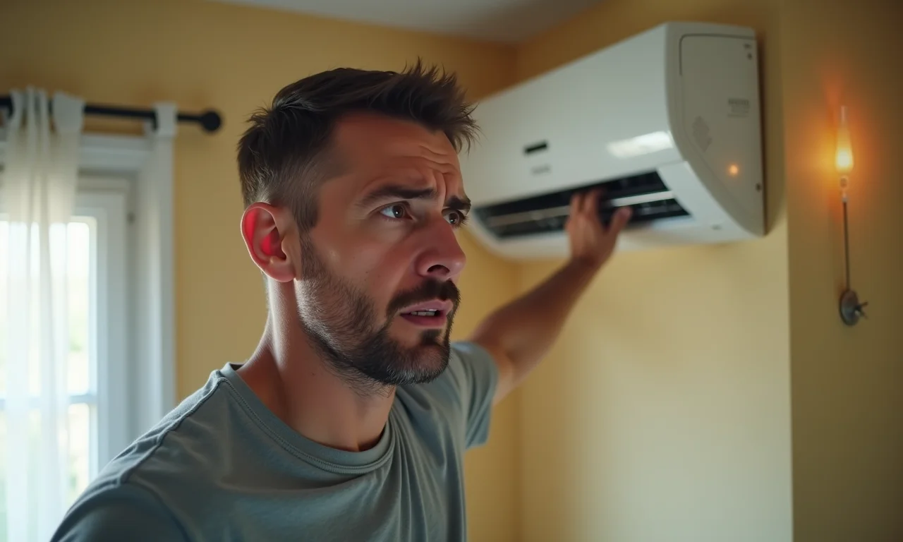 Homem preocupado sentindo ar quente saindo do ar condicionado.