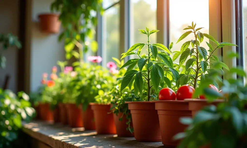 Horta autoirrigável exuberante em varanda ensolarada com tomates, ervas e flores.