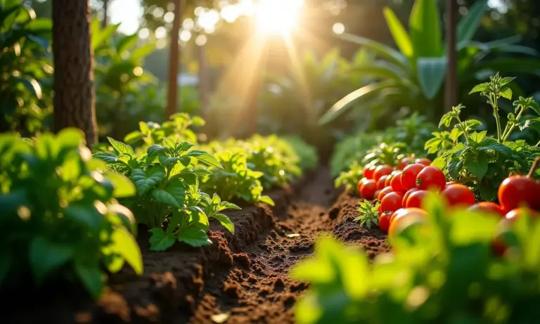 Horta caseira exuberante com plantas saudáveis crescendo em substrato de alta qualidade.