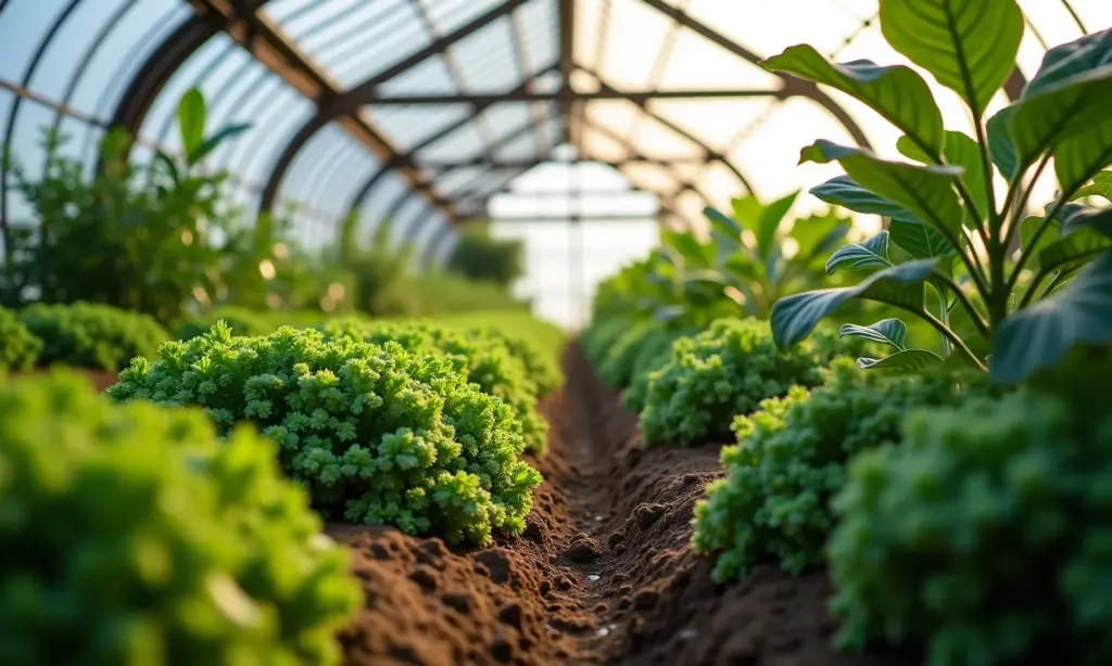 Horta protegida com vegetais exuberantes em estufa moderna.