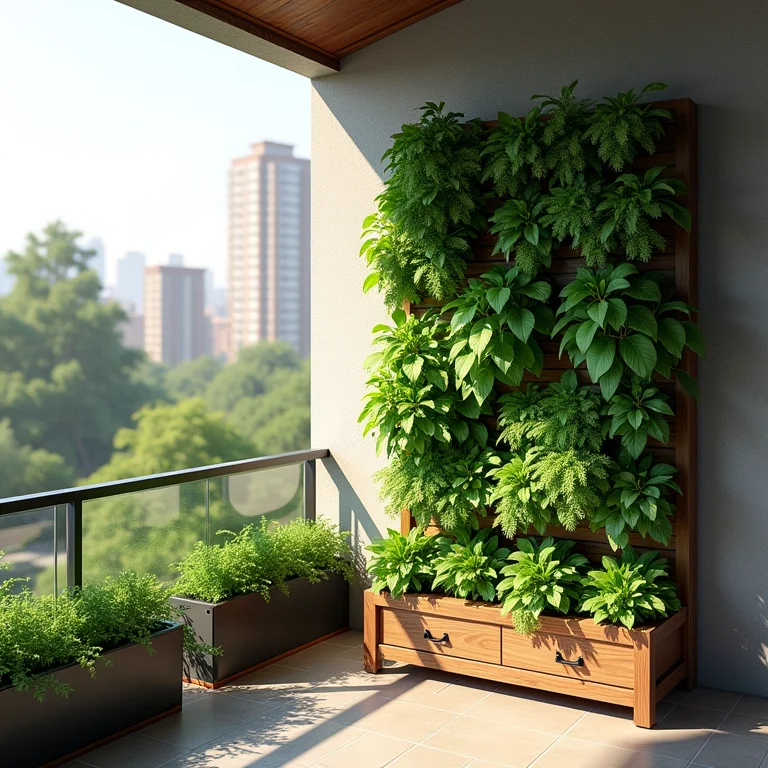 Horta vertical em parede de varanda ensolarada.