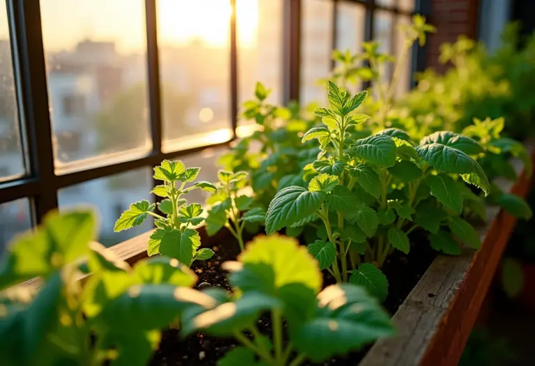 Horta vertical exuberante em varanda ensolarada