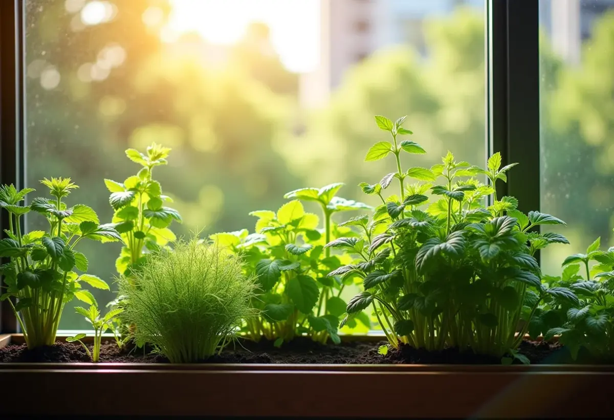 Horta vertical exuberante em varanda ensolarada.