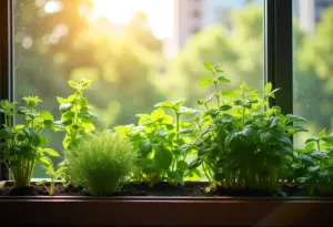 Horta vertical exuberante em varanda ensolarada.