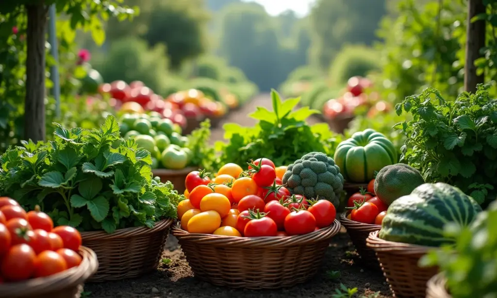 Horta vibrante repleta de vegetais coloridos, representando abundância e potencial de renda.