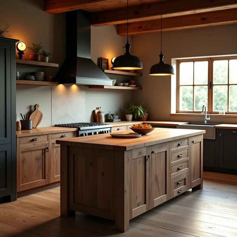 Ilha central com bancada de madeira maciça em cozinha rústica