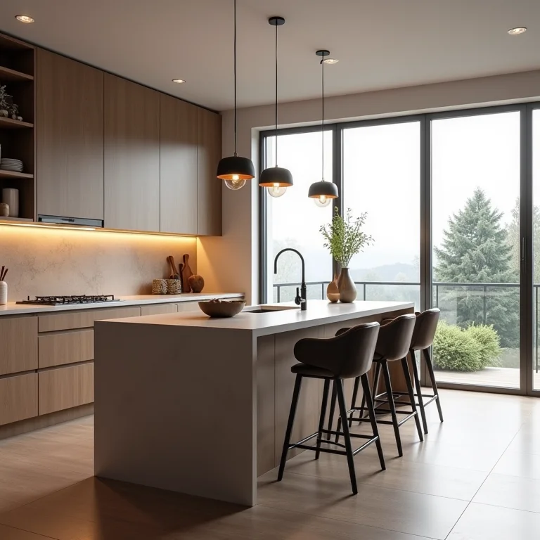 Ilha de cozinha com altura inadequada para as cadeiras, prejudicando a ergonomia.