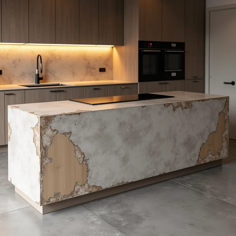 Ilha de cozinha construída com materiais de baixa qualidade, mostrando sinais de desgaste.