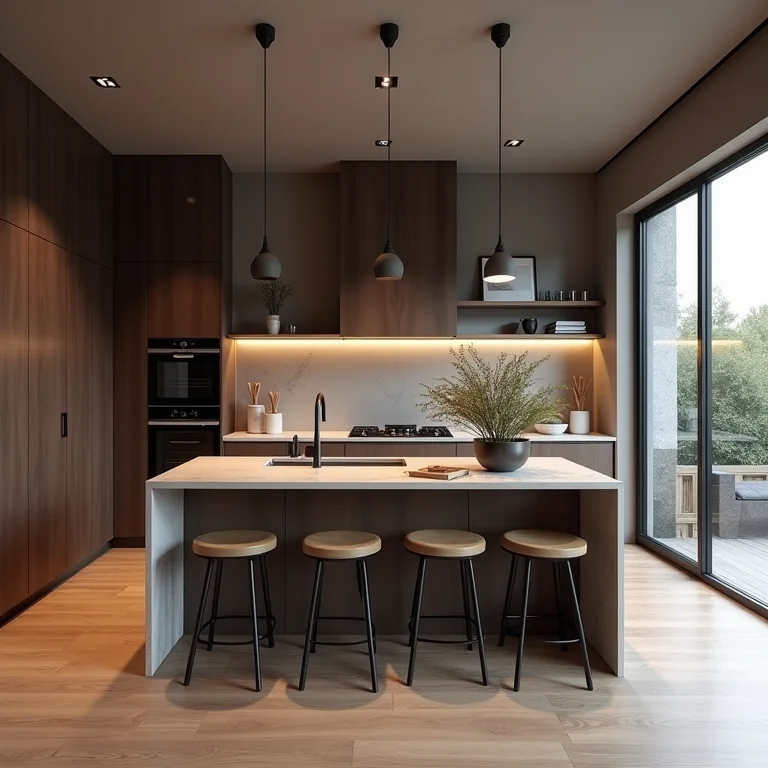 Ilha de cozinha pequena em um espaço grande, criando desproporção.