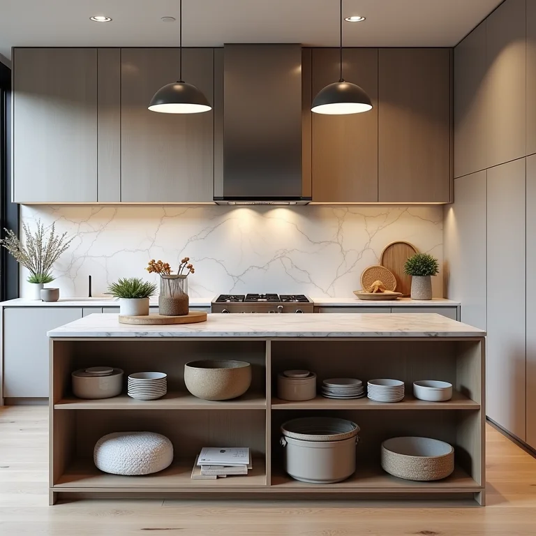 Ilha de cozinha sem função definida, utilizada como espaço de armazenamento