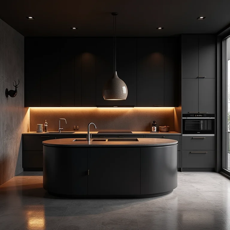 Ilha desproporcional em uma cozinha pequena.