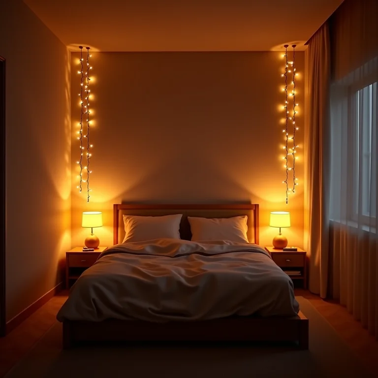 Iluminação aconchegante em um quarto boho minimalista