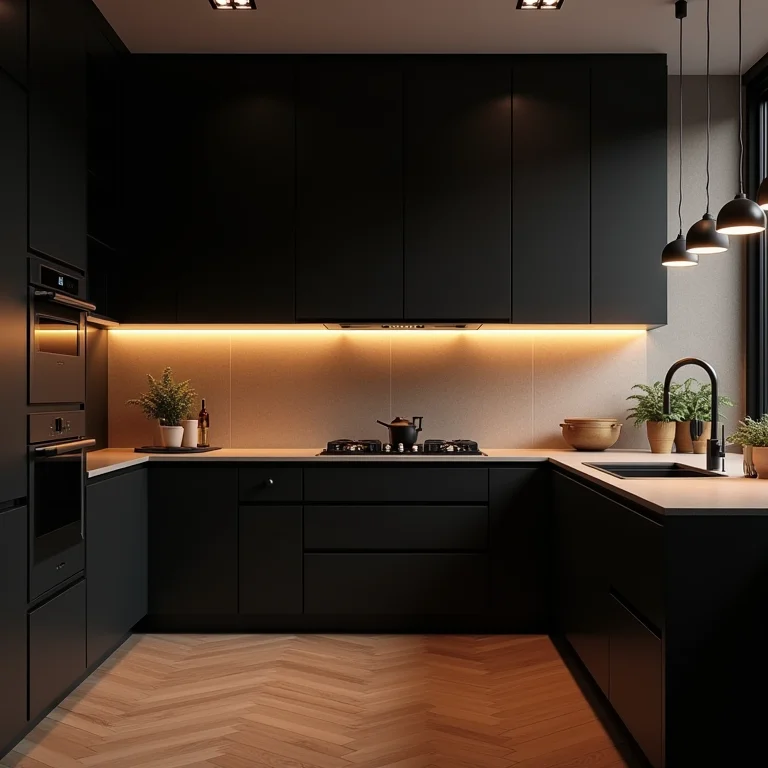 Iluminação estratégica em cozinha com armários pretos
