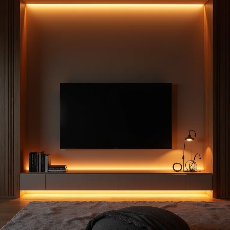 Iluminação estratégica em painel de TV na sala