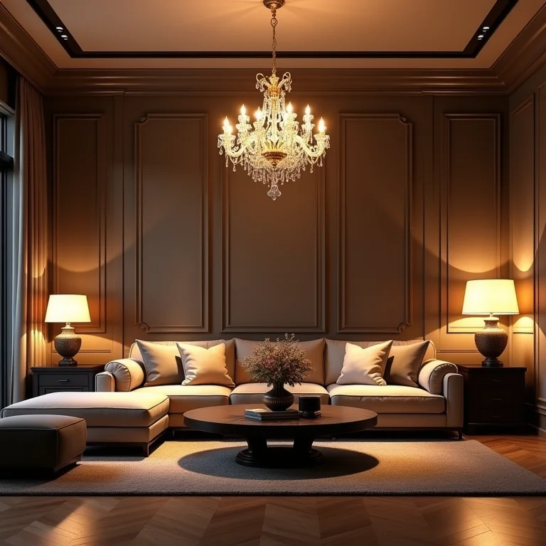 Iluminação estratégica em sala com móveis clássicos