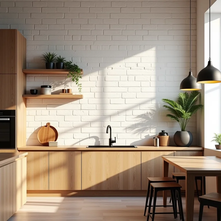 Iluminação estratégica realçando tijolinho branco em cozinha