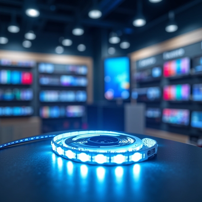Iluminação inteligente com LEDs destacando produtos em loja de eletrônicos.