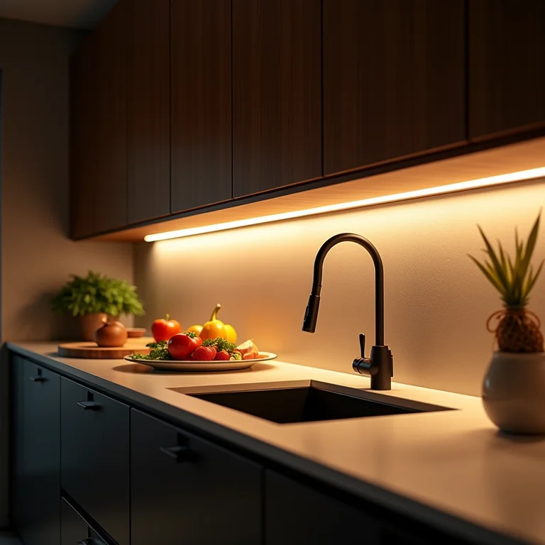Iluminação LED sob o armário realçando a bancada da cozinha