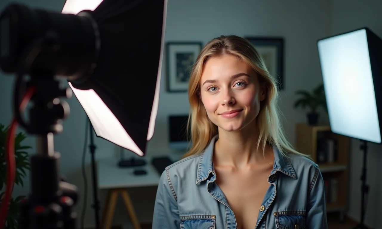 Iluminação profissional para quarto de YouTuber com softbox e ring light.