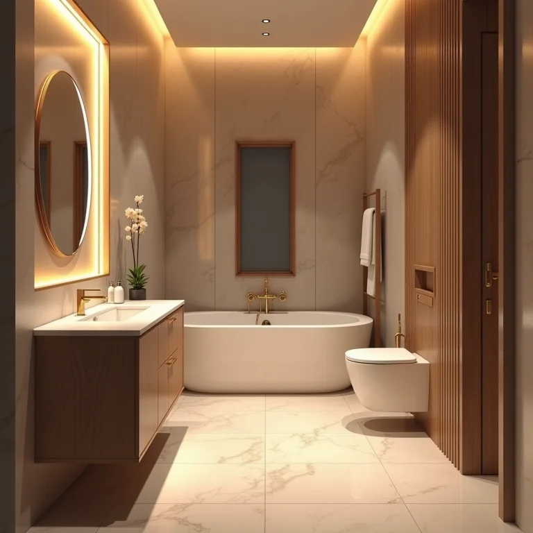 Iluminação valorizando um banheiro pequeno.