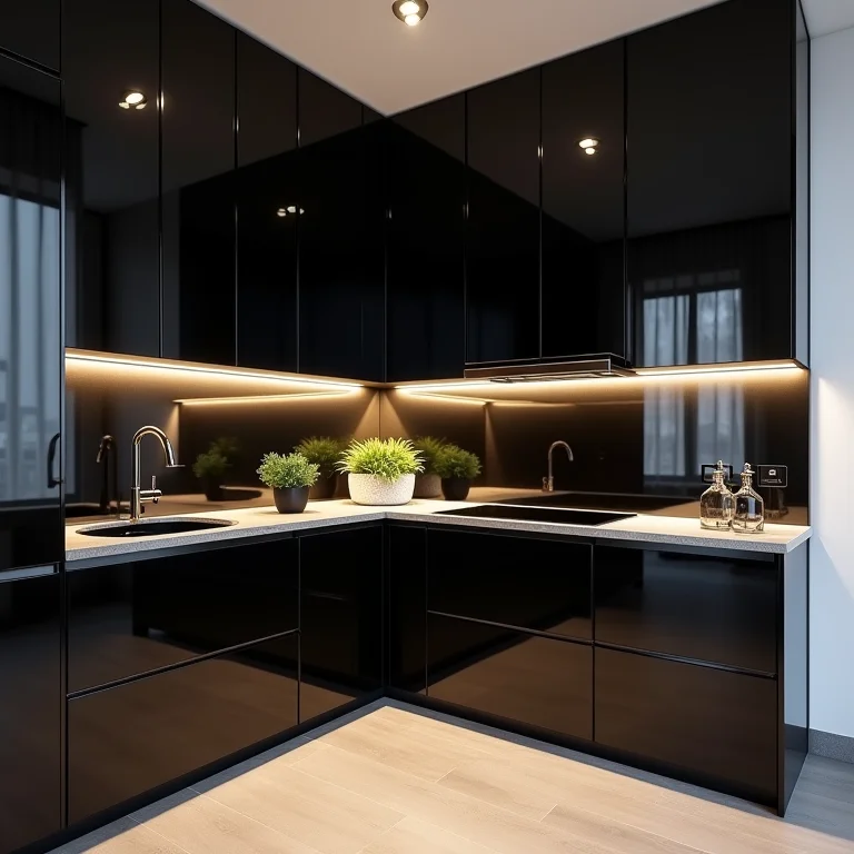 Ilusão de ótica em cozinha pequena com armários pretos