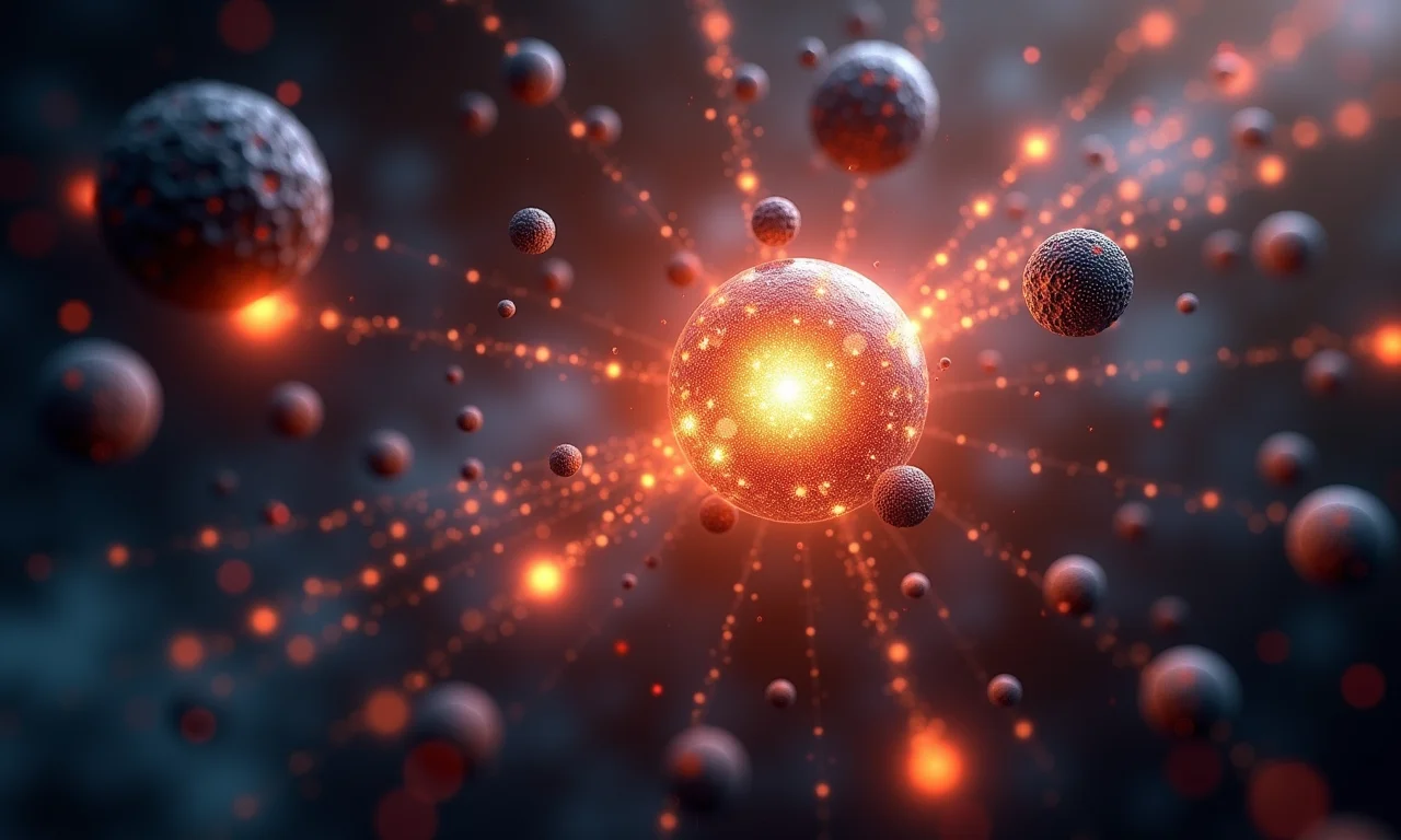 Ilustração conceitual mostrando partículas interagindo com o campo de Higgs, adquirindo massa.