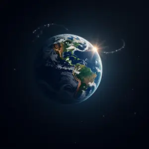 Ilustração da Terra e da Lua conectadas por forças gravitacionais sobre o Brasil.
