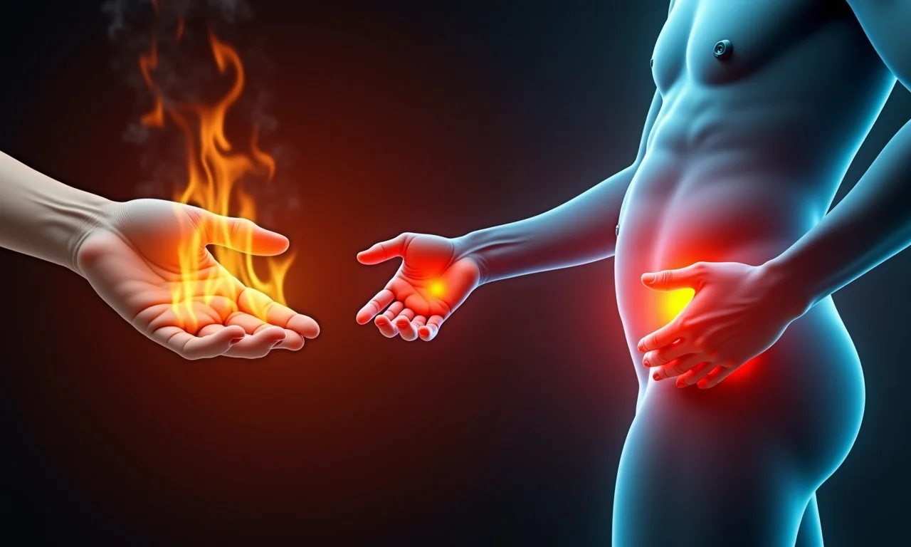 Ilustração de diferentes tipos de dor: queimadura, dor no joelho, dor de estômago.