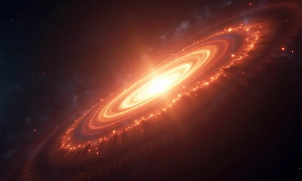 Ilustração de um quasar brilhante no universo distante.